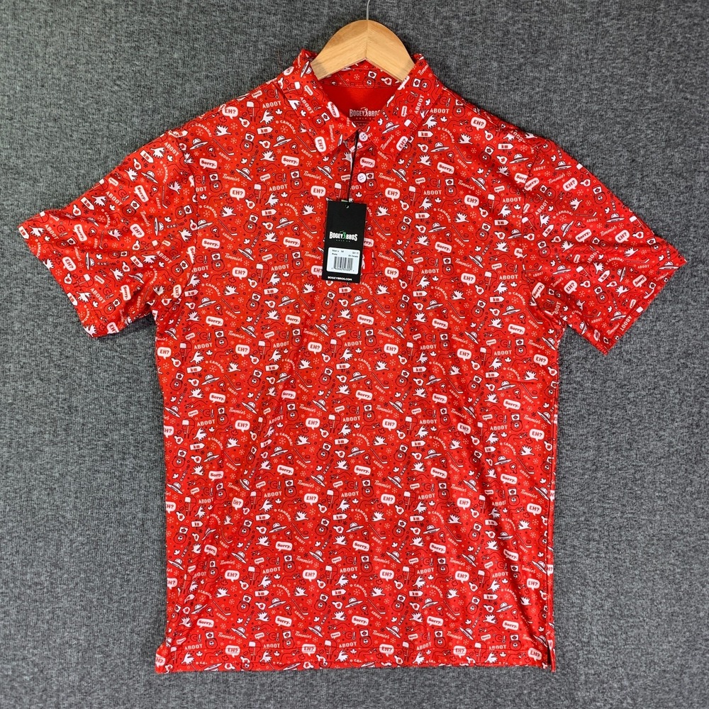 Bogey Bros Polo Men Medium Oh Canada AOP Performance Geometric Golf Stretch NEW